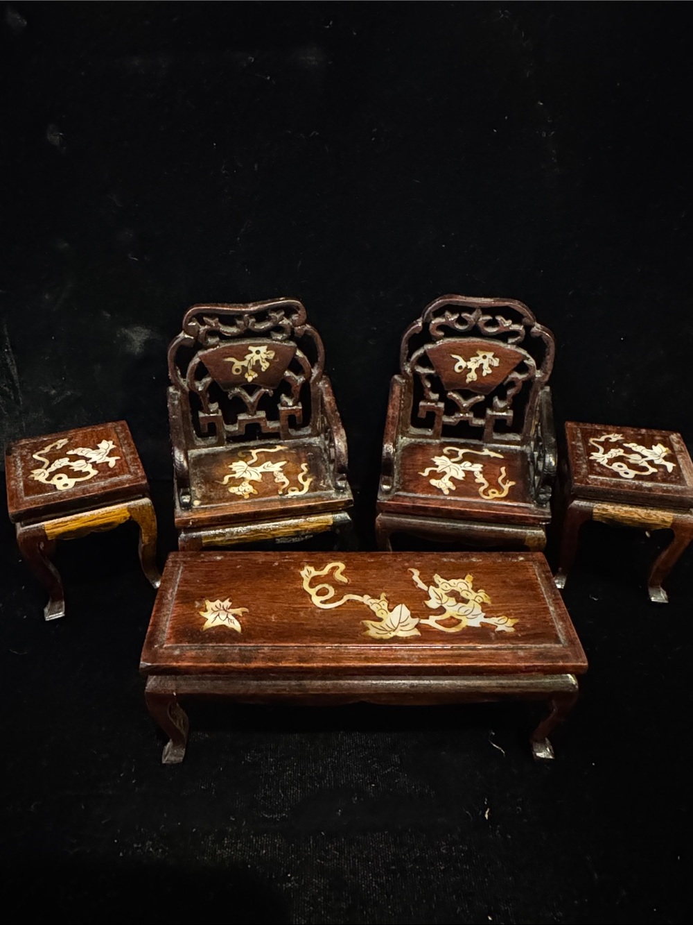 Set of Vintage Miniature Chinese Armchairs & Tables with Mother-of-Pearl Inlay